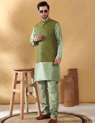 Silk blend olive green kurta and churidar with jacquard geometric green nehru jacket 1