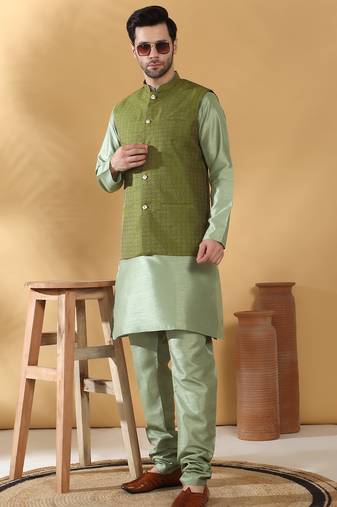 Silk blend olive green kurta and churidar with jacquard geometric green nehru jacket