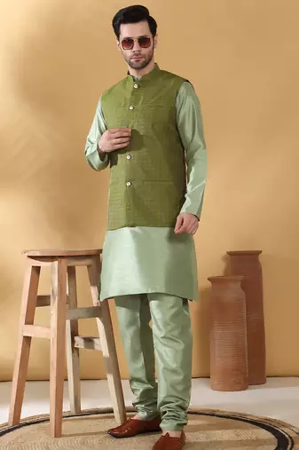 Silk blend olive green kurta and churidar with jacquard geometric green nehru jacket