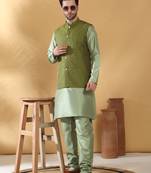Silk blend olive green kurta and churidar with jacquard geometric green nehru jacket