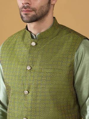 Silk blend olive green kurta and churidar with jacquard geometric green nehru jacket 2
