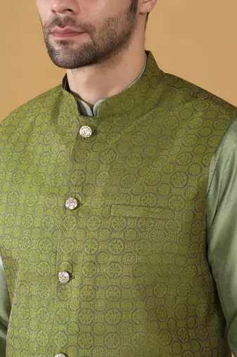 Silk blend olive green kurta and churidar with jacquard geometric green nehru jacket
