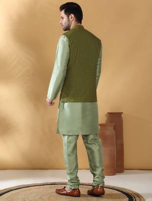 Silk blend olive green kurta and churidar with jacquard geometric green nehru jacket 3