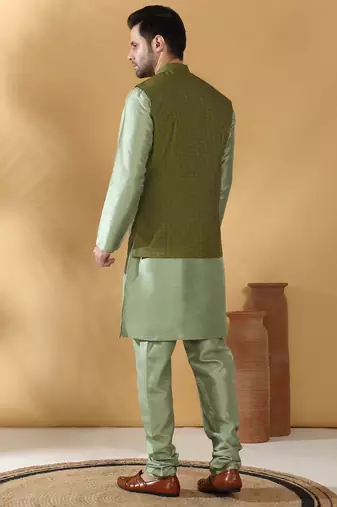 Silk blend olive green kurta and churidar with jacquard geometric green nehru jacket