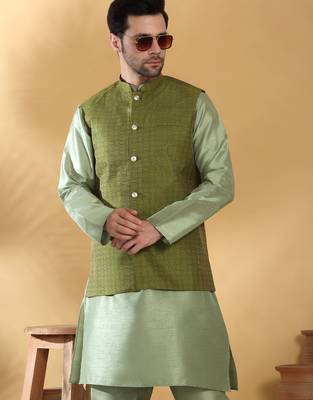 Silk blend olive green kurta and churidar with jacquard geometric green nehru jacket 4