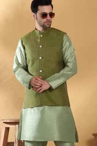 Silk blend olive green kurta and churidar with jacquard geometric green nehru jacket