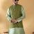 Silk blend olive green kurta and churidar with jacquard geometric green nehru jacket