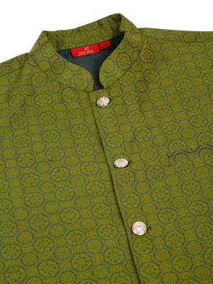 Silk blend olive green kurta and churidar with jacquard geometric green nehru jacket 5