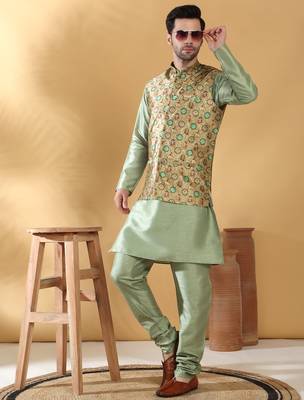 Silk bleand olive green kurta churidar with abstract printed green nehru jacket 1