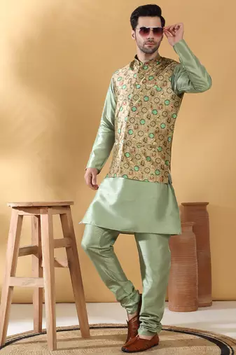 Silk bleand olive green kurta churidar with abstract printed green nehru jacket