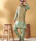 Silk bleand olive green kurta churidar with abstract printed green nehru jacket