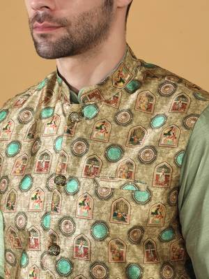 Silk bleand olive green kurta churidar with abstract printed green nehru jacket 2