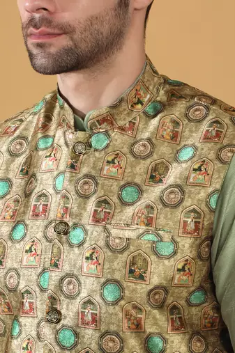 Silk bleand olive green kurta churidar with abstract printed green nehru jacket