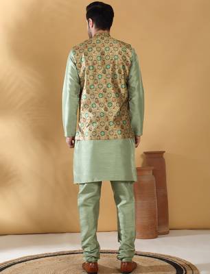 Silk bleand olive green kurta churidar with abstract printed green nehru jacket 3