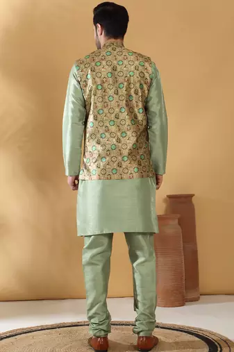 Silk bleand olive green kurta churidar with abstract printed green nehru jacket