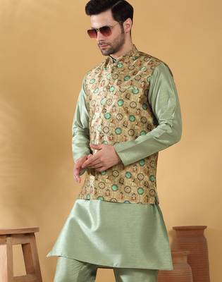 Silk bleand olive green kurta churidar with abstract printed green nehru jacket 4