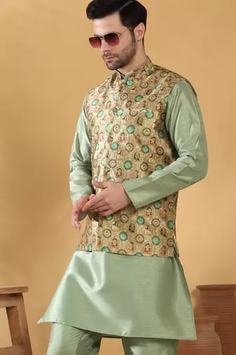 Silk bleand olive green kurta churidar with abstract printed green nehru jacket