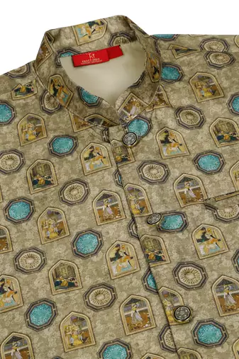 Silk bleand olive green kurta churidar with abstract printed green nehru jacket
