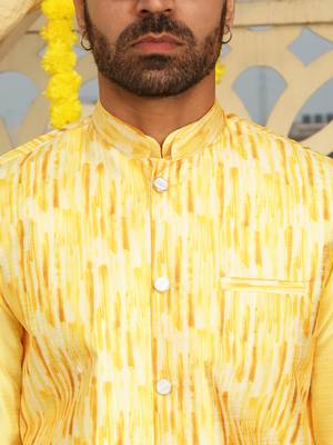 Silk blend solid yellow kurta and churidar with tie-dye yellow nehru jacket 3