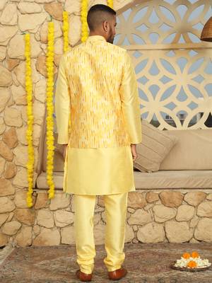 Silk blend solid yellow kurta and churidar with tie-dye yellow nehru jacket 4