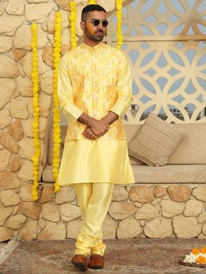 Silk blend solid yellow kurta and churidar with tie-dye yellow nehru jacket 5