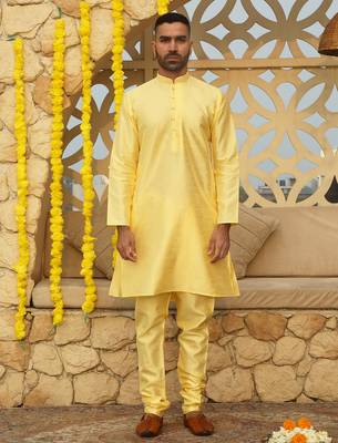 Silk blend solid yellow kurta and churidar with tie-dye yellow nehru jacket 6