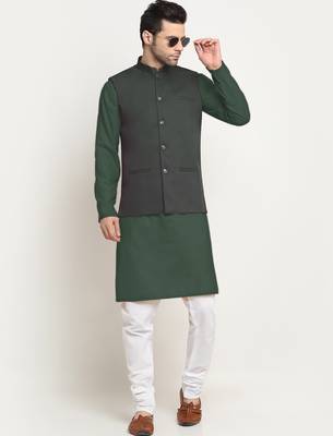 Cotton olive green kurta pyjama with nehru jacket 1