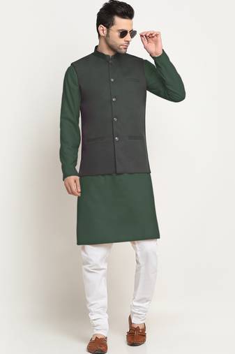 Cotton olive green kurta pyjama with nehru jacket