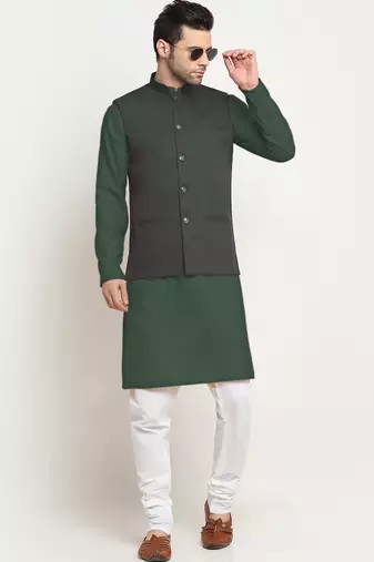 Cotton olive green kurta pyjama with nehru jacket