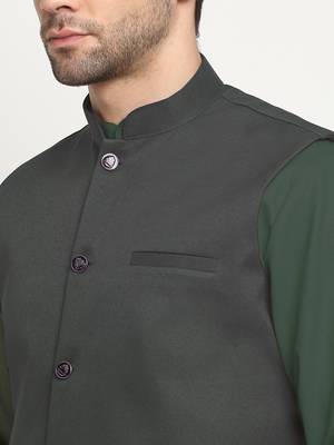 Cotton olive green kurta pyjama with nehru jacket 2