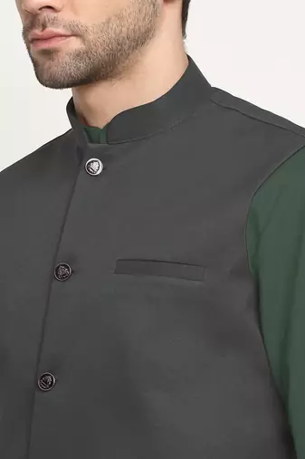 Cotton olive green kurta pyjama with nehru jacket