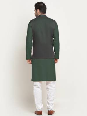 Cotton olive green kurta pyjama with nehru jacket 3