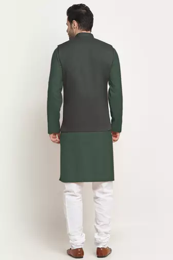 Cotton olive green kurta pyjama with nehru jacket