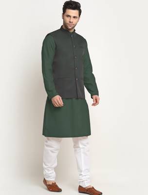 Cotton olive green kurta pyjama with nehru jacket 4