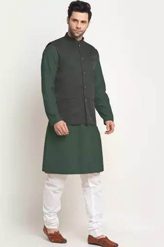 Cotton olive green kurta pyjama with nehru jacket