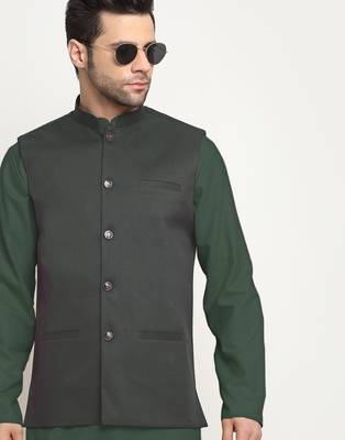 Cotton olive green kurta pyjama with nehru jacket 5