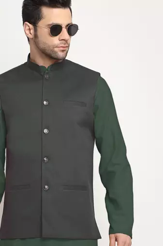 Cotton olive green kurta pyjama with nehru jacket