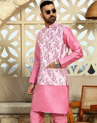 Silk blend solid pink kurta and churidar with tie-dye wine nehru jacket 1