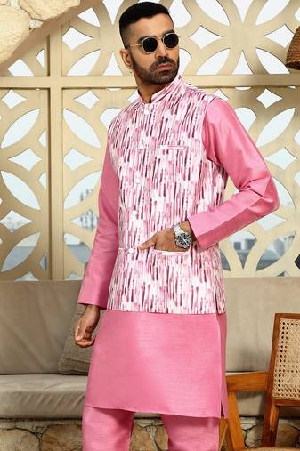 Silk blend solid pink kurta and churidar with tie-dye wine nehru jacket