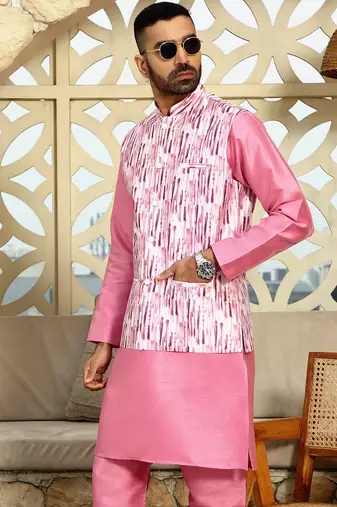 Silk blend solid pink kurta and churidar with tie-dye wine nehru jacket