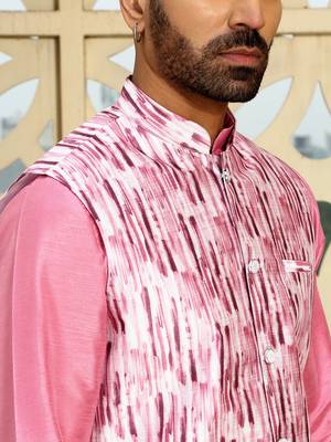 Silk blend solid pink kurta and churidar with tie-dye wine nehru jacket 2