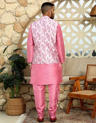 Silk blend solid pink kurta and churidar with tie-dye wine nehru jacket 3