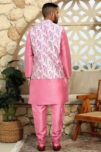 Silk blend solid pink kurta and churidar with tie-dye wine nehru jacket