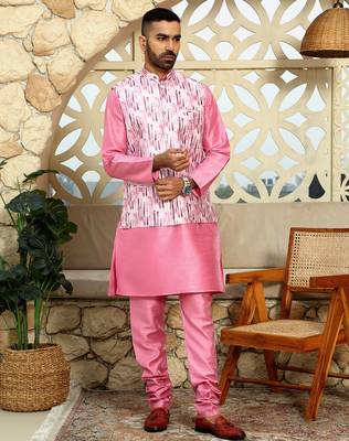 Silk blend solid pink kurta and churidar with tie-dye wine nehru jacket 4