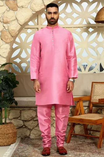 Silk blend solid pink kurta and churidar with tie-dye wine nehru jacket