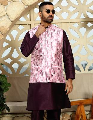 Silk blend solid purple kurta and churidar with tie-dye wine nehru jacket 1