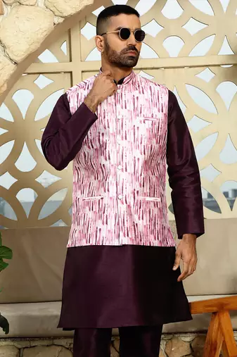 Silk blend solid purple kurta and churidar with tie-dye wine nehru jacket