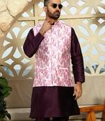 Silk blend solid purple kurta and churidar with tie-dye wine nehru jacket
