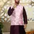 Silk blend solid purple kurta and churidar with tie-dye wine nehru jacket