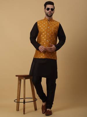 Men's black kurta and churidar with jacquard ethnic nehru jacket 1